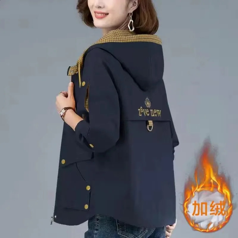 Womens short velvet autumn trench coat hooded casual plus size windproof top loose spring jacket womens M4XL 240814