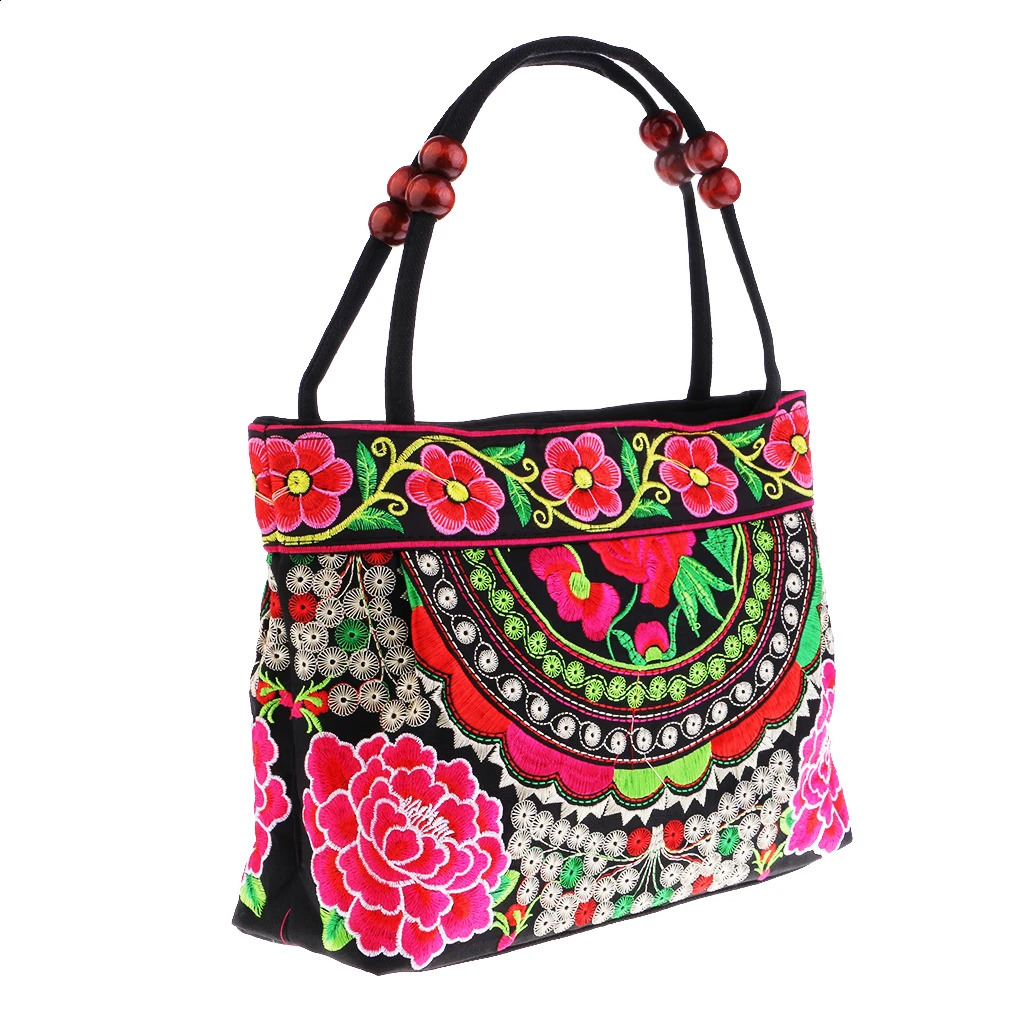 Flower Embroidered Travel Shoulder Bag - Bohemian Double sided Embroidered Flower Canvas Bag 240816