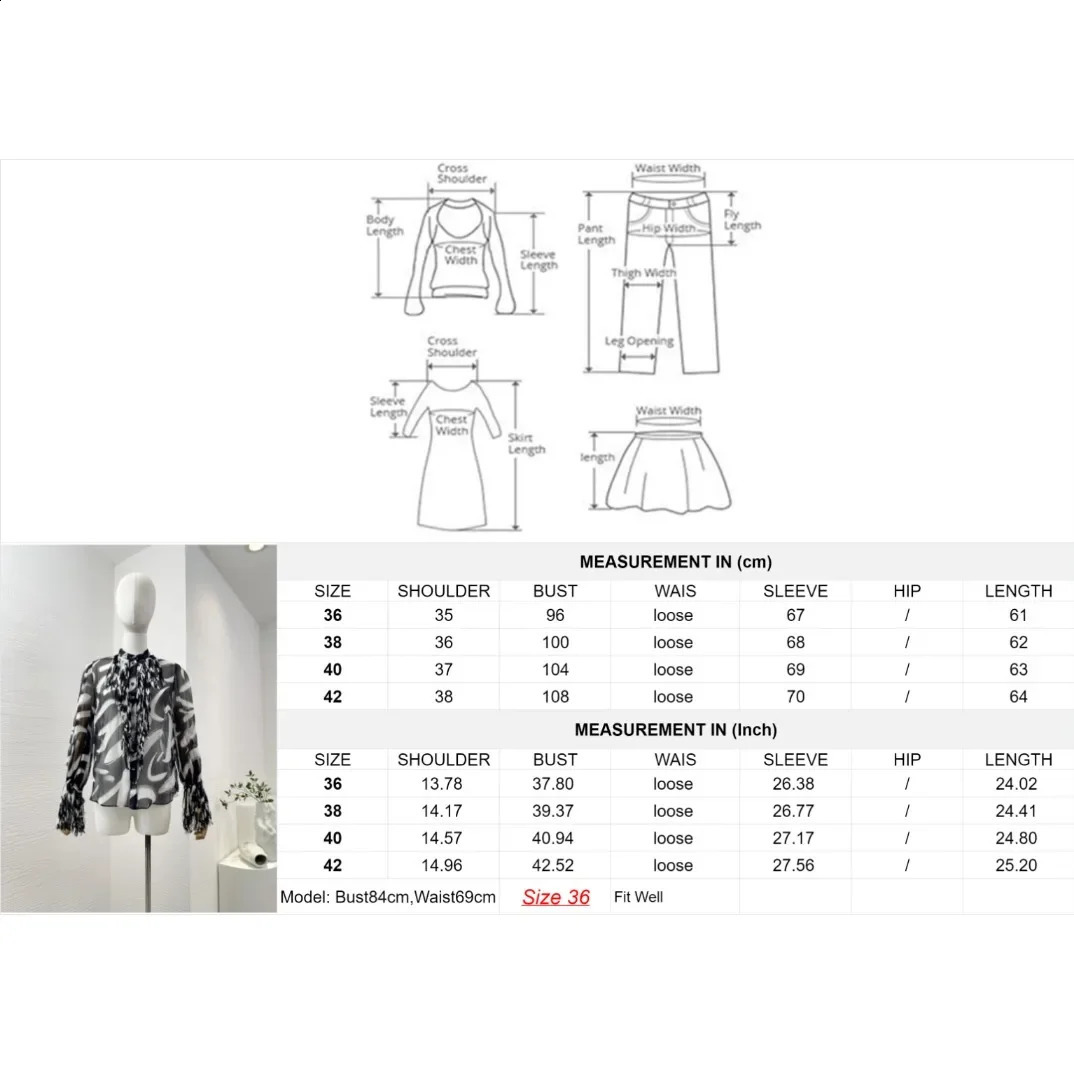 Pure silk highquality front button closed black and white handpainted long sleeved tassel womens shirt top 240814