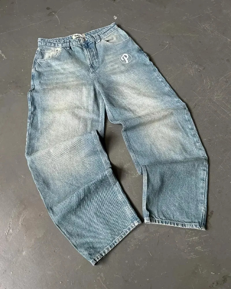 Y2k Protect Streetwear Hip Hop Jeans Mens Pants Harajuku Letter Embroidery Vintage Blue Baggy High Waist Wide Leg Trouser 240815