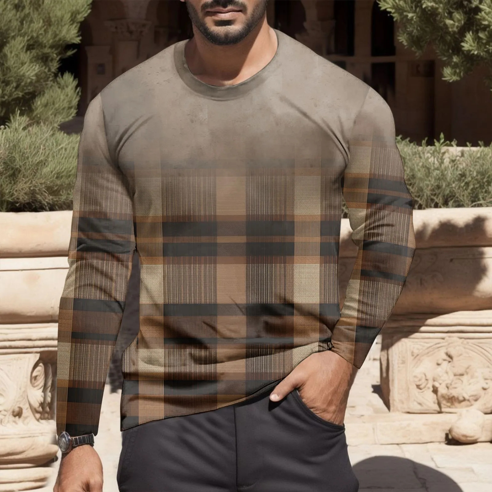 Male Autumn And Winter Fashion Printed Round Neck Long Sleeve T Shirt Retro Full Print Shirts Big Tall Mens Plain 240815