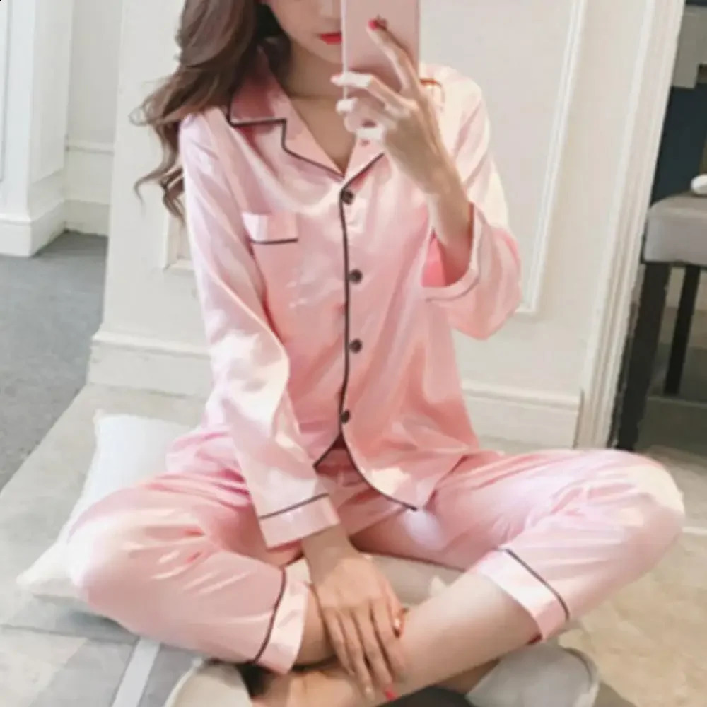 2 Piece Silk Satin Pajamas Pyjamas Set Sleepwear Pijama Winter Long Sleeve Tops Pants Loungewear pyjama pour femme y240821