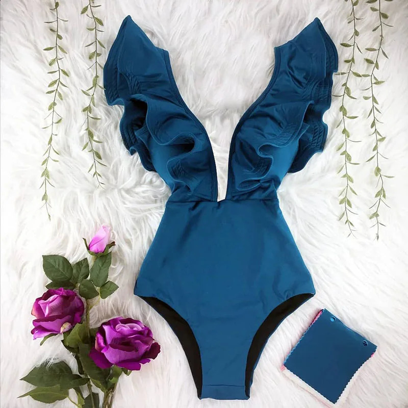 Womens swimsuit pleated onepiece sexy deep Vneck Monokini printed flower push up womens beach wear 240815