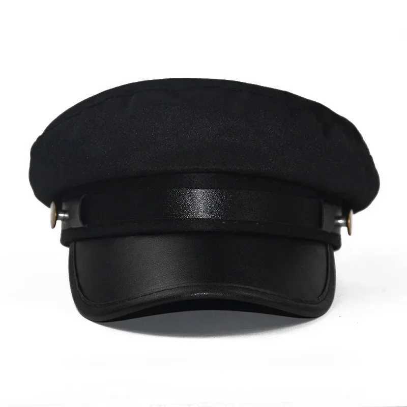 Ball Caps PU leather hat autumn sailor hat mens British style travel hat student hat captain hat flat top hat womens hat Q240815