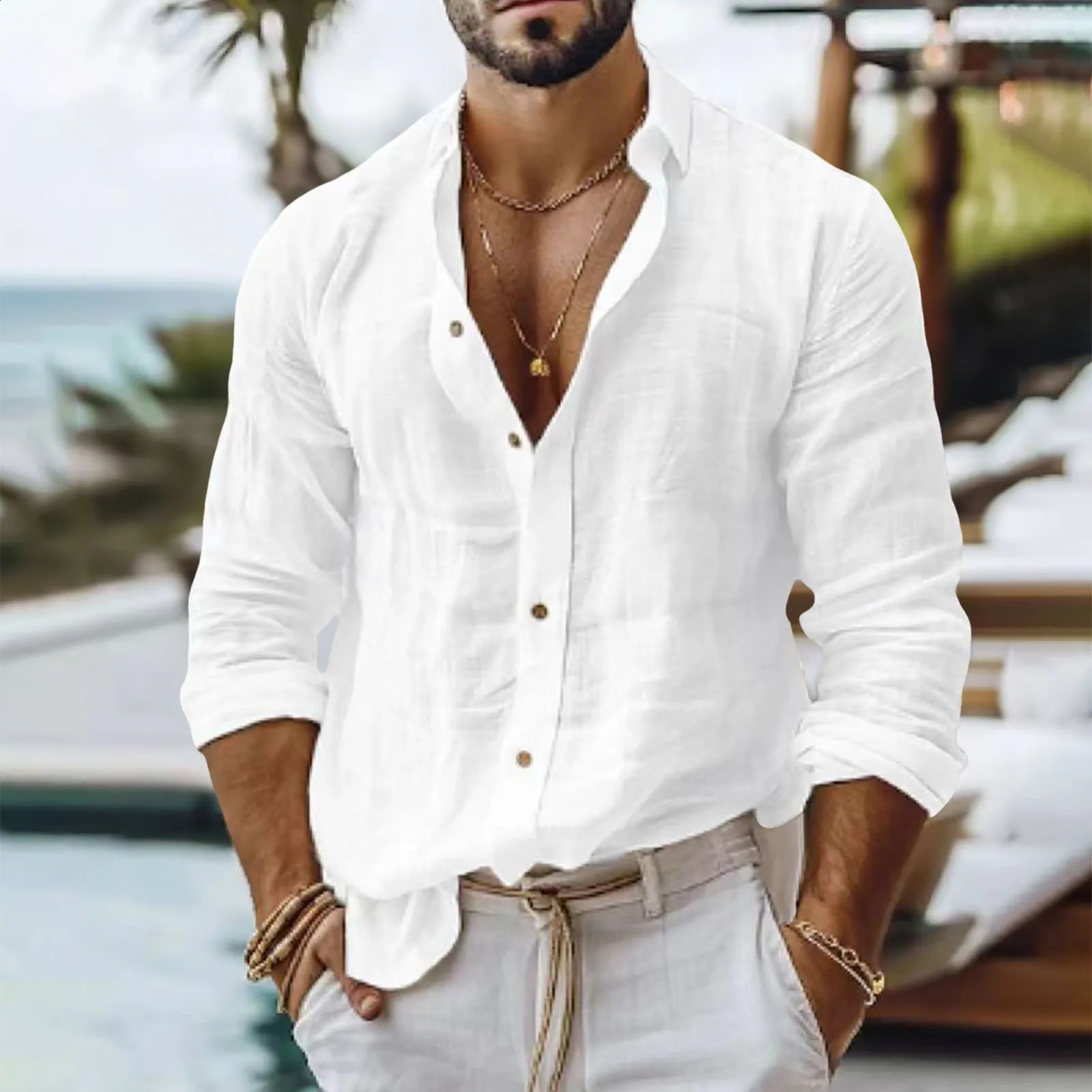 Mens Solid Colour Cotton Linen Shirt Casual Style Slim Fit Stand Collar Long Sleeve Business Casual Shirt Black Long Sleeved 240816