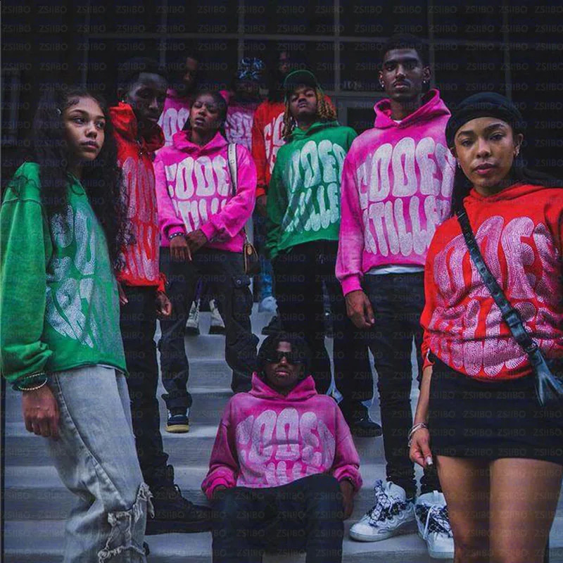 Aesthetic Clothing Retro Washed To Make Old Letter rhinestone Long sleeve Hoodies Oversized Sweatshirt Coat Women Men Streetwear 240809