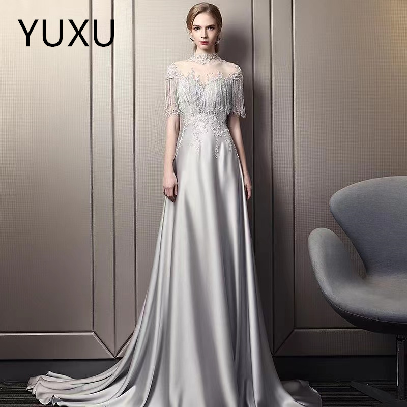 African Silver satin Mermaid Prom Dresses With Long tassels beaded plus size High Neck Plus Size Sparkly Beaded Evening Pageant Gowns Embroidery lace 
