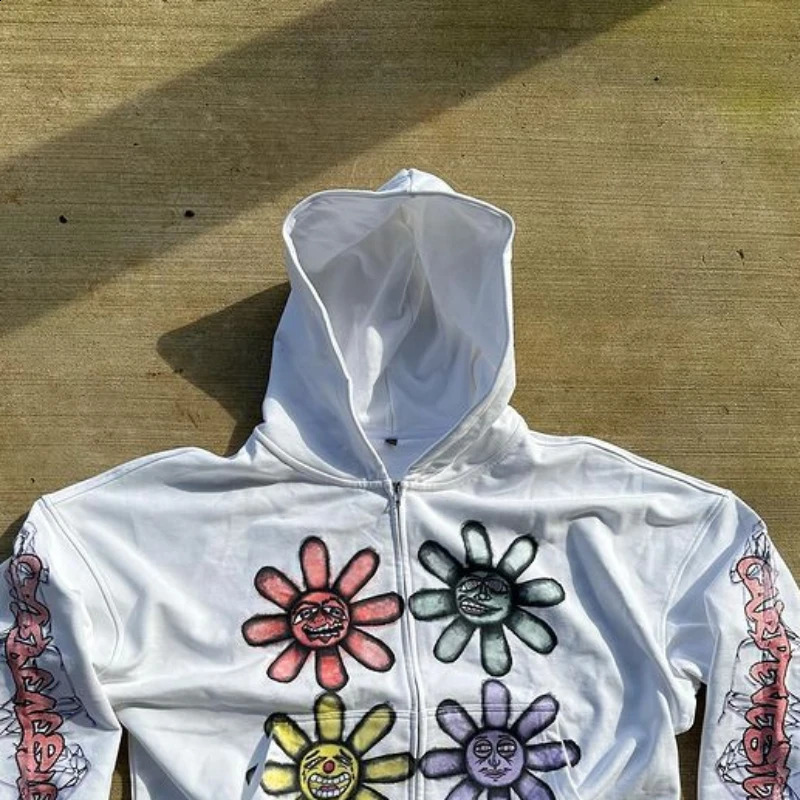 Y2K Harajuku Sunflower Printed Women Zipper Hoodie Retro Men and Women Street Leisure Loose Anime Hoodie sweatshirt 240815