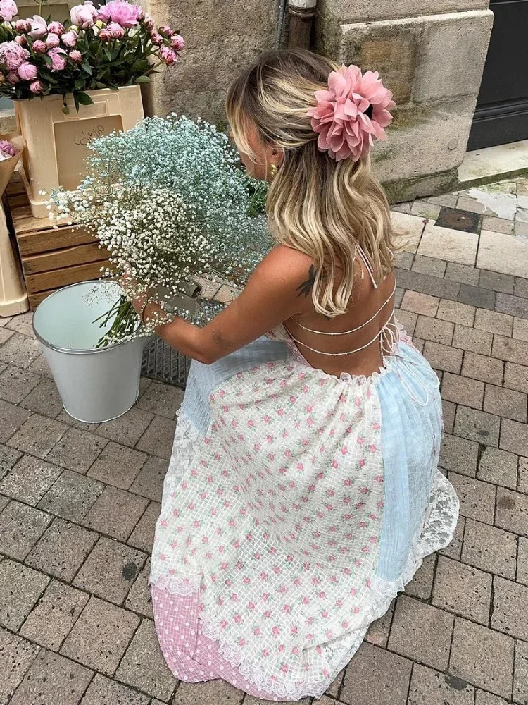 Sweet Print Patchwork Lace Halter Maxi Dress For Ladies Sexy Backless Ruffled Sleeveless Aline Dresse Street Vestidos 240816