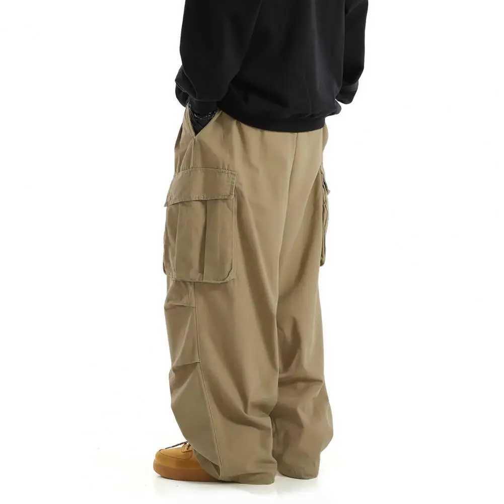 Solid Color Men Sweatpants Vintage Wide Leg Mens Cargo Pants with Multi Pockets Elastic Waist Hip Hop Streetwear Style OutdoorM240815