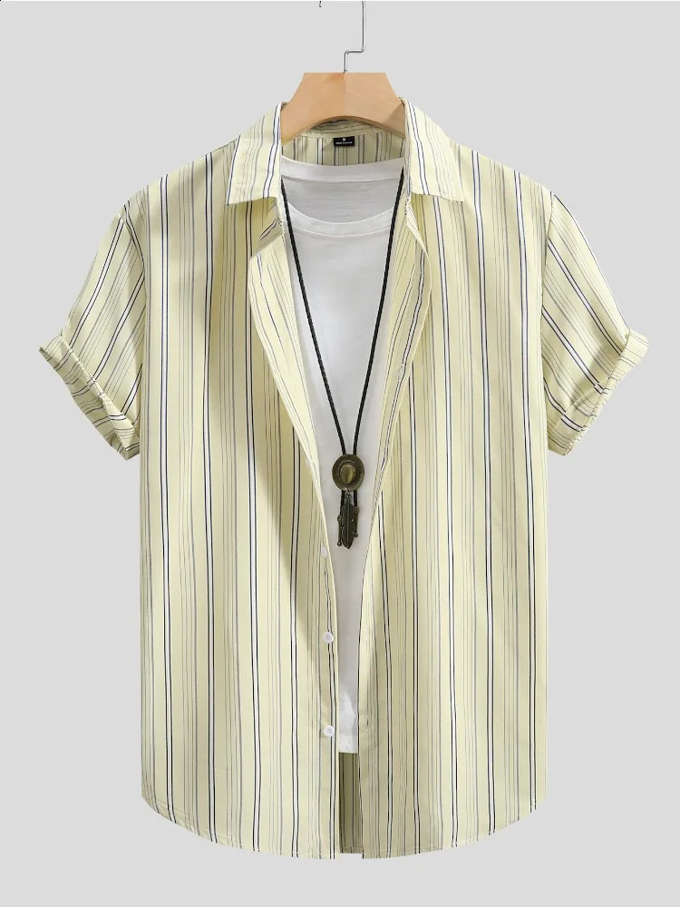 Mens Vertical Stripes Button Up Short Sleeves Casual Shirt Light Yellow Basic For Summer 240816