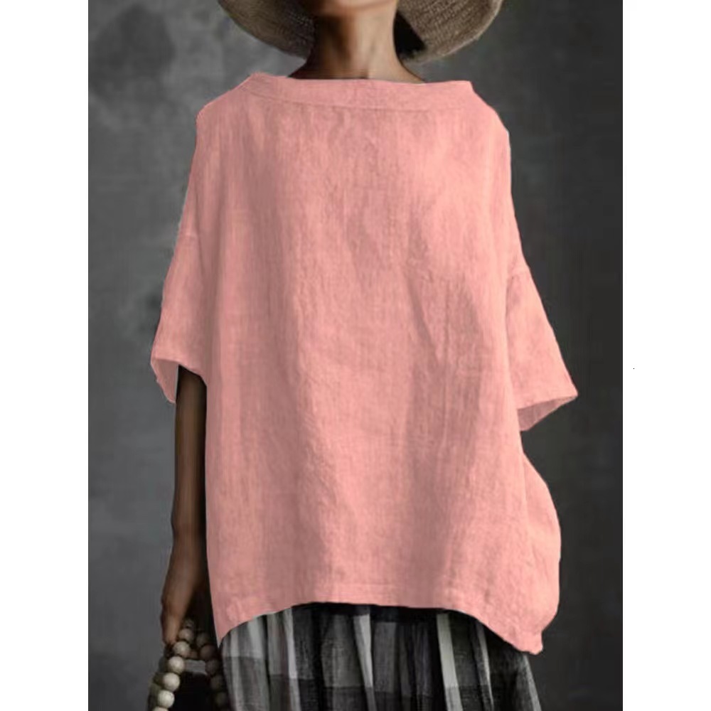 2021 Summer New Top Woven Round Neck Cotton Linen Style Solid Color Loose Women's T-shirt