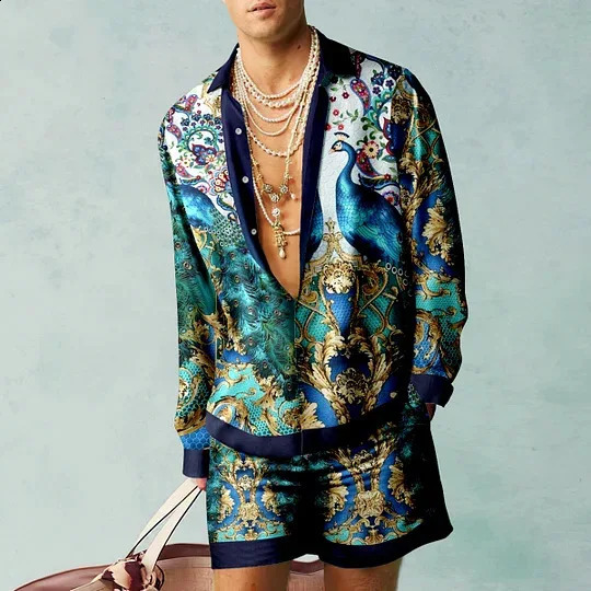 Peacock Pattern Shirt Set 3D Print Men Casual Fashion Long Sleeves Shirts Oversized Beach Shorts Summer Streetwear Suits Clothes 240816