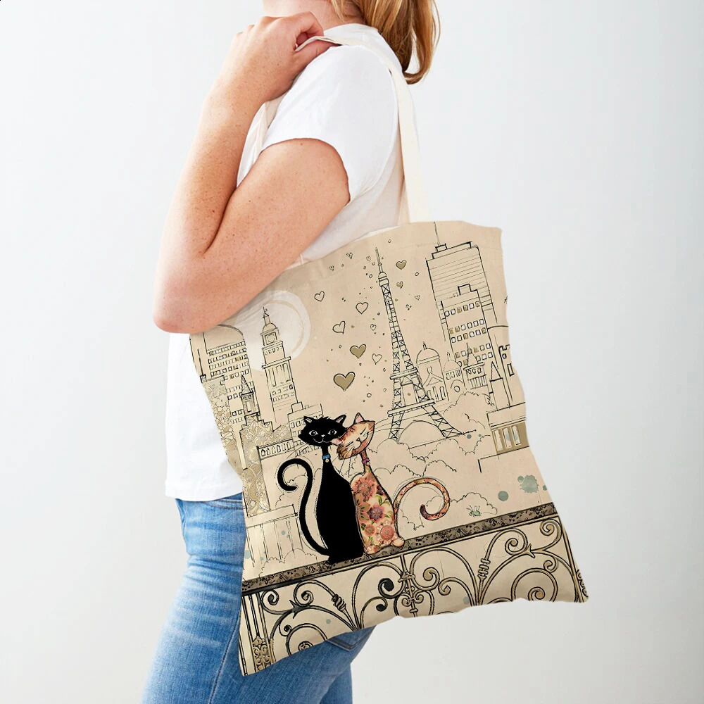 New Cute Elegant Black Cat Women Shopper Bag Tote Handbag Pet Animal Print Canvas Cloth Both Sided Lady Shoulder Shopping Bags 240816