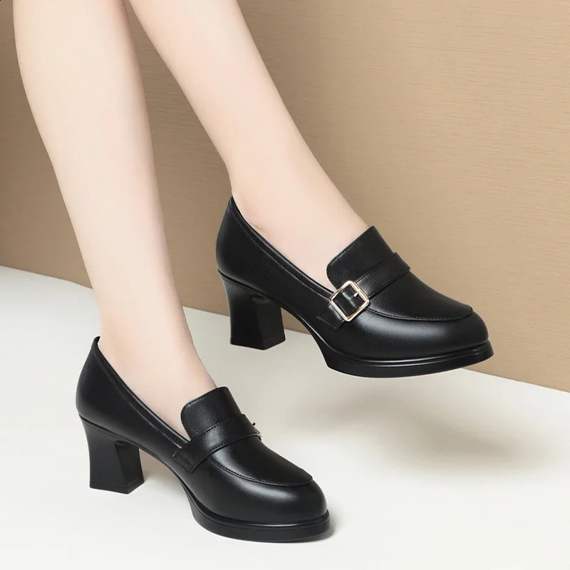 6cm 9cm Elegant Soft Leather Shoes Womens Black Platform Loafers Spring Block High Heels Shoes for Office Work Daily Mom 240815