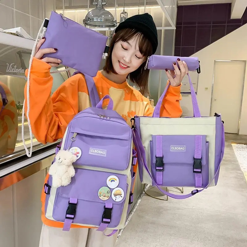 4 Piece Set Kawaii School Bags for Teenage Girls Canvas Solid Color Women Backpack Female Teen Student School Laptop Bag Bagpack 240816