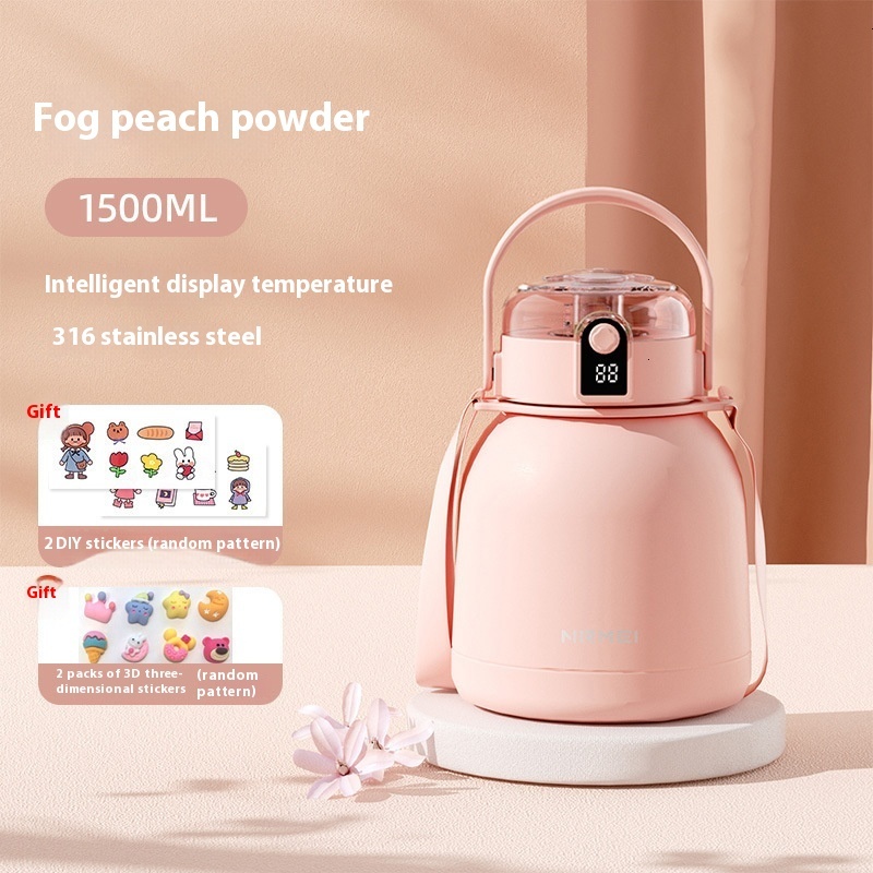 Stainless steel intelligent insulated cup, large capacity children's water kettle, high aesthetic value, internet celebrity, straw, big belly cup