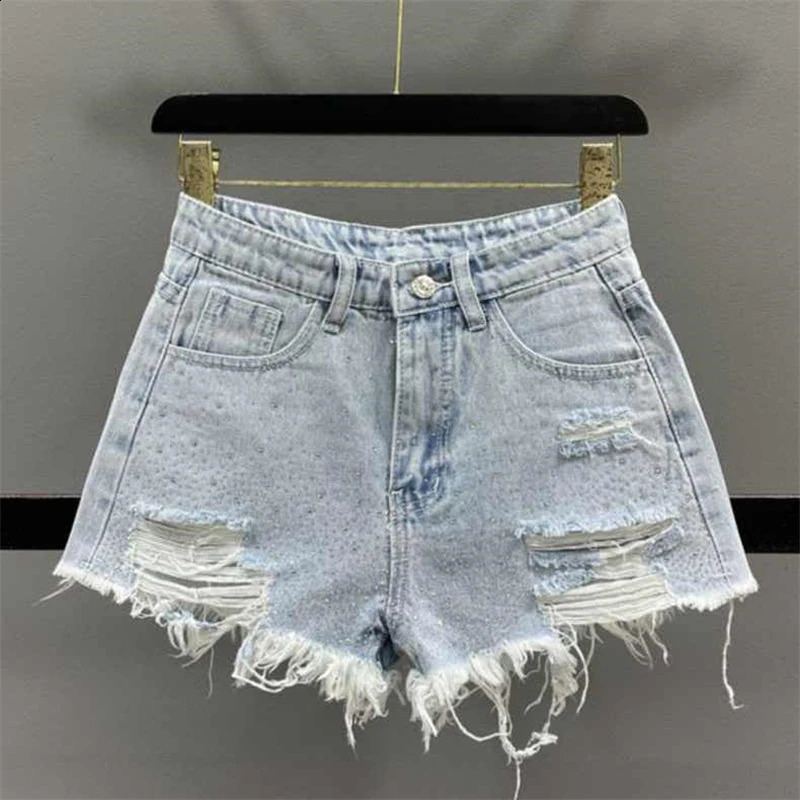Women Clothing Summer Korean Sexy Holes Rhinestone Streetwear Denim Short Pants Female High Waist Slim Y2K Club Jeans Shorts 240816