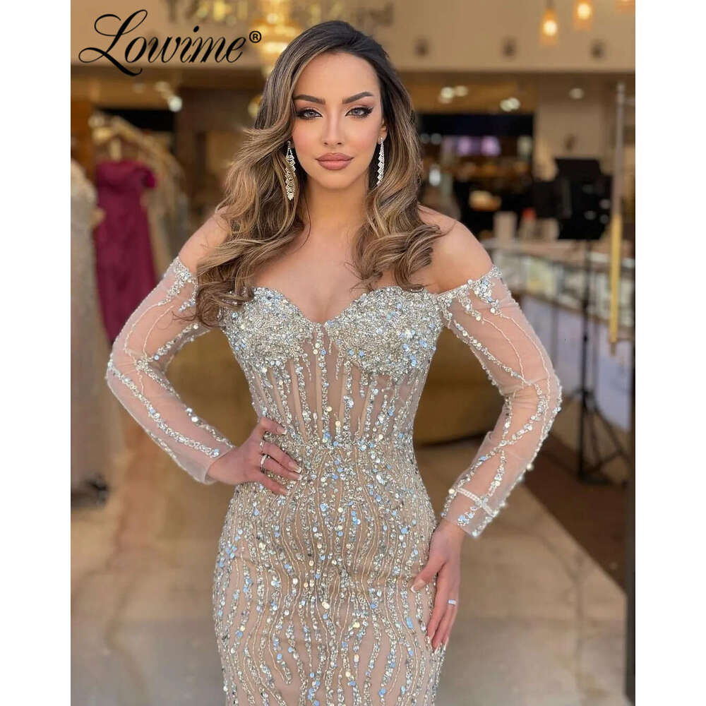 Champagne Long Sleeve Off The Shoulder Evening Customize Shiny Sequins Crystal Mermaid Party Dress With Corset Waist
