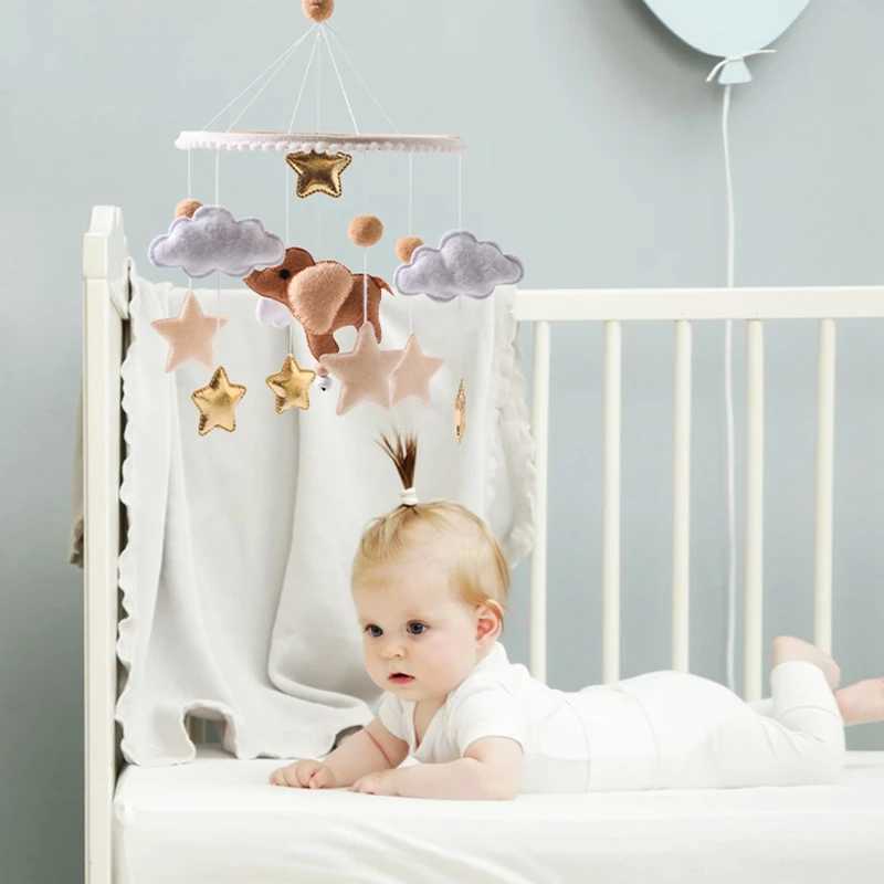 Lets make a wooden baby rattlesnake cartoon elephant cloud moon soft felt hammock Bell mobile Flat noodles Montessori educational toys W240815