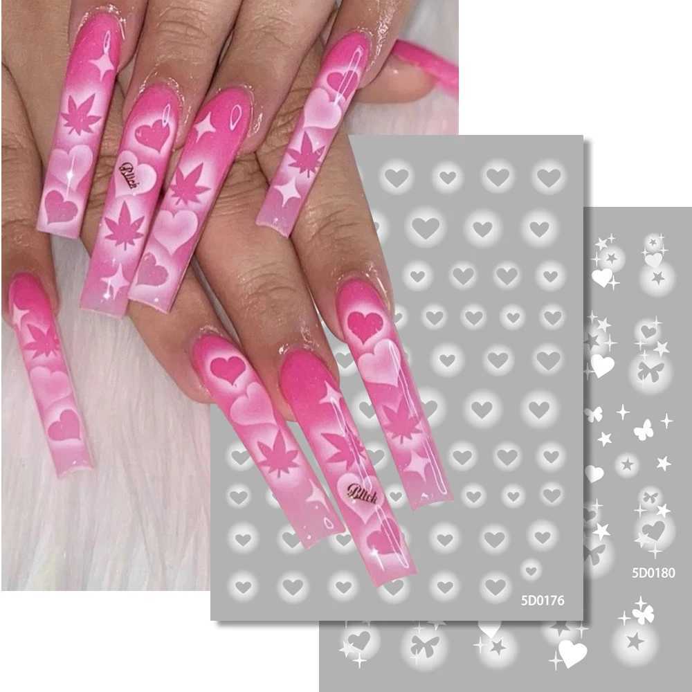 1pc Heart Star Nail Art Stickers Self-Adhesive Nail Decals 5D Translucent Stars Hollow Love Airbrush Nail Slider French StickersXJ250120