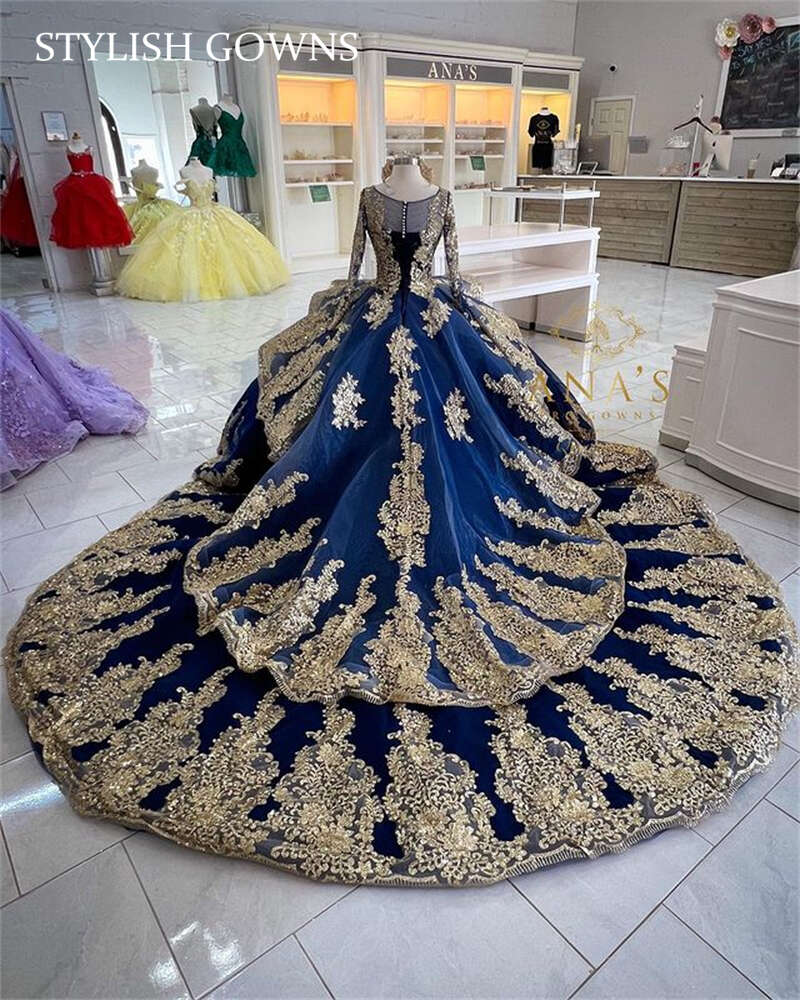 Princess Navy Blue Gold Lace Beaded Pearl Ball Gown Quinceanera Dresses Celebrity Party Prom Gowns Graduation Vestido De 15 Anos