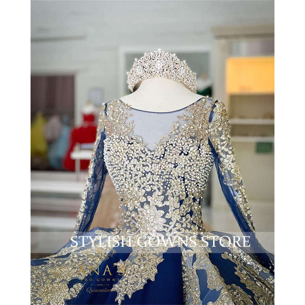 Princess Navy Blue Gold Lace Beaded Pearl Ball Gown Quinceanera Dresses Celebrity Party Prom Gowns Graduation Vestido De 15 Anos