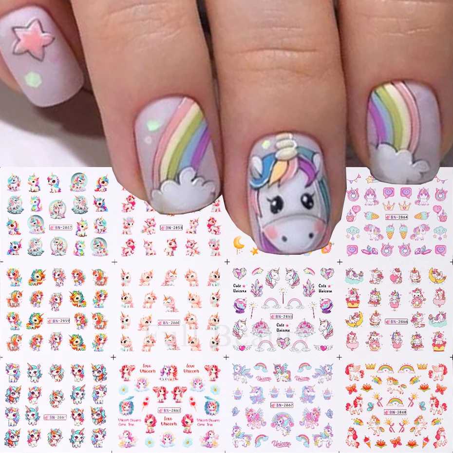 12 Designs Pink Unicorn Water Transfer Slider Rainbow Horse Ice Cream Heart Cartoon Anime Nail Sticker Polishing Nail DecorationXJ250120
