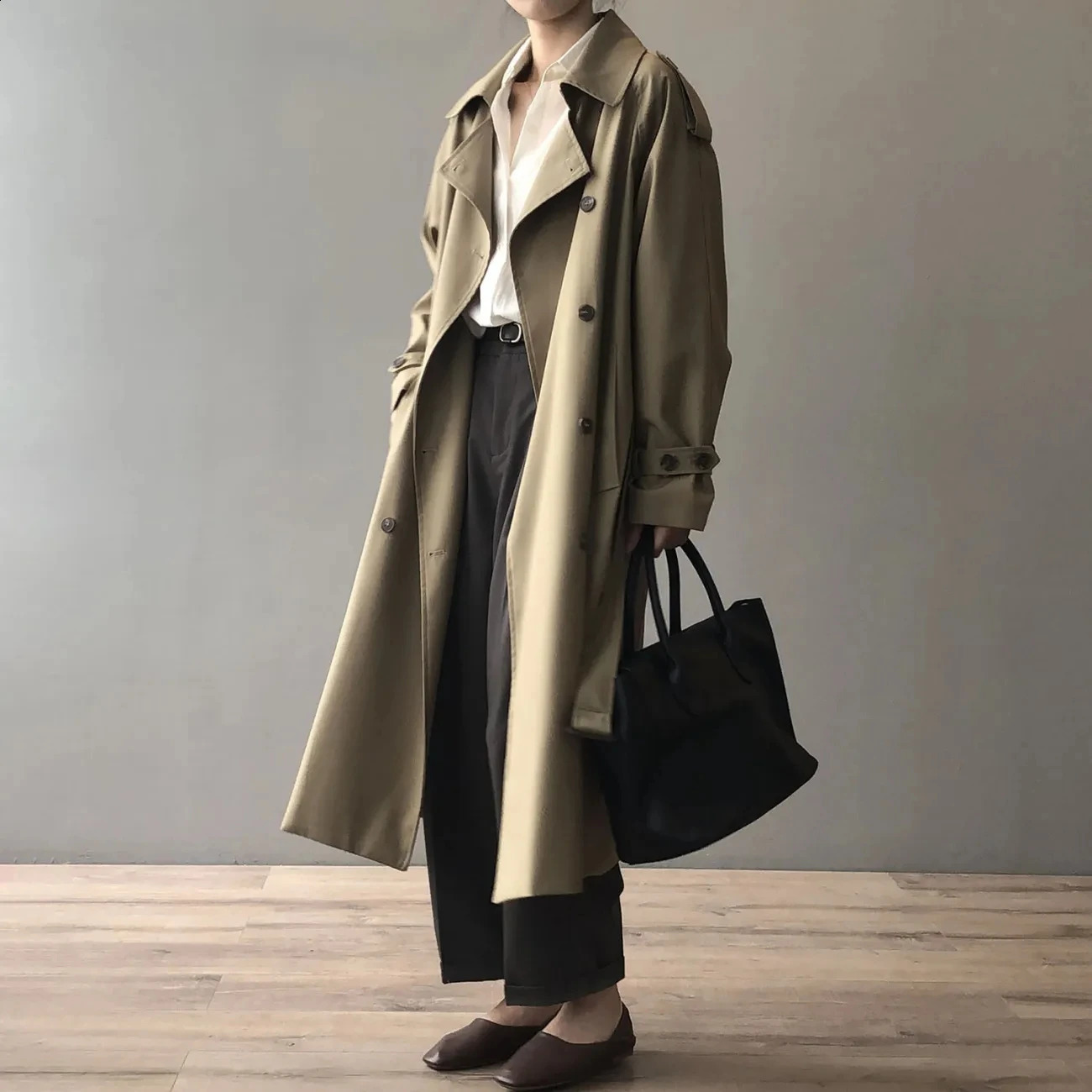 Wearing a long trench jacket womens large size 80kg Korean double breasted windproof khaki Gabardina Spring Abrigos 240814