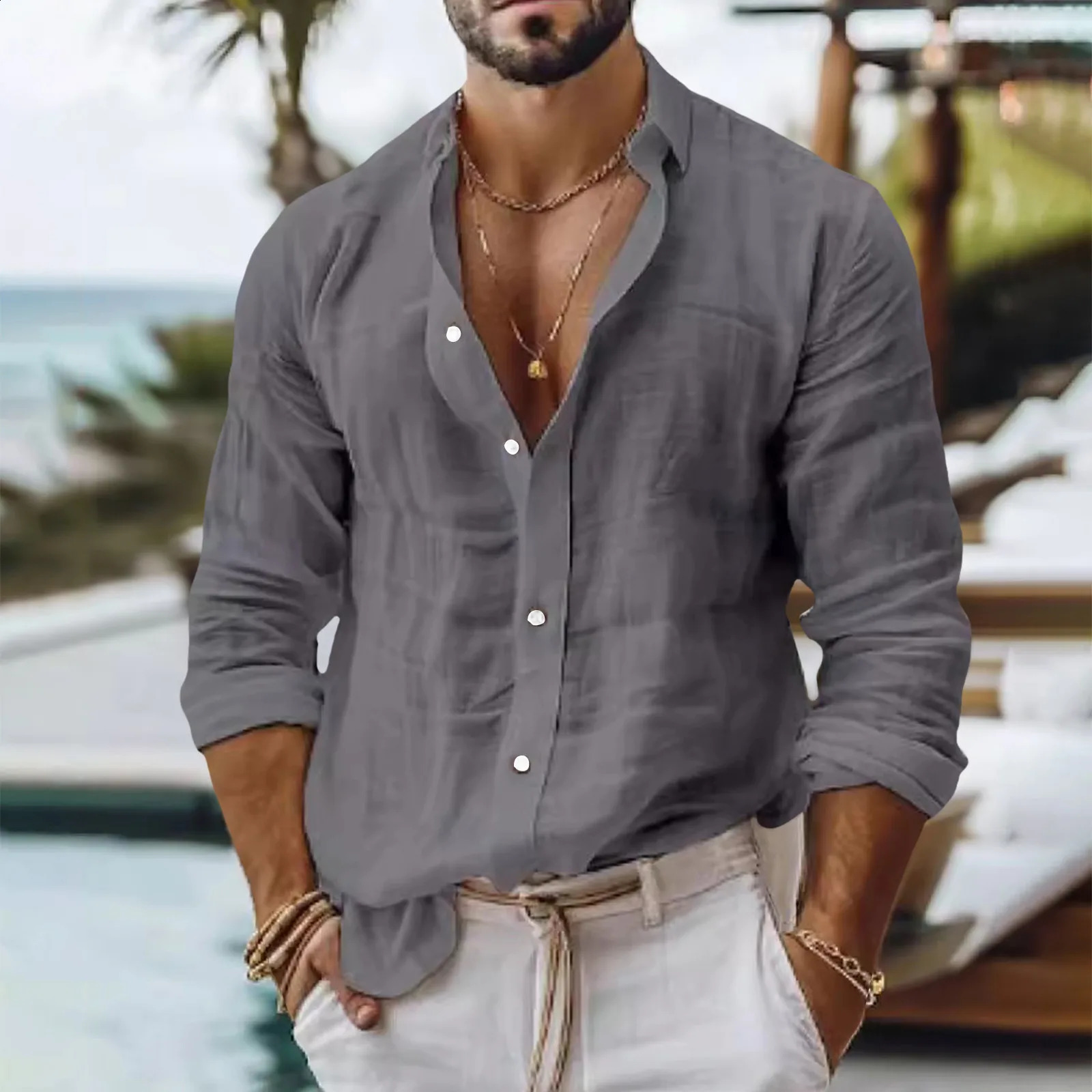 Mens Solid Colour Cotton Linen Shirt Casual Style Slim Fit Stand Collar Long Sleeve Business Casual Shirt Black Long Sleeved 240816