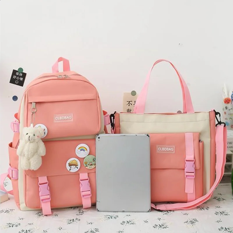 4 Piece Set Kawaii School Bags for Teenage Girls Canvas Solid Color Women Backpack Female Teen Student School Laptop Bag Bagpack 240816