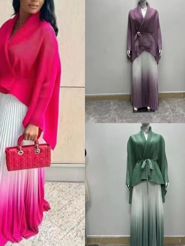 LANMREM Gradient Pleated Fashion 2 Piece Set Women Belt Batwing Sleeves Tops A-line Long Dresses Elegant Party Sets 32C1389 240815