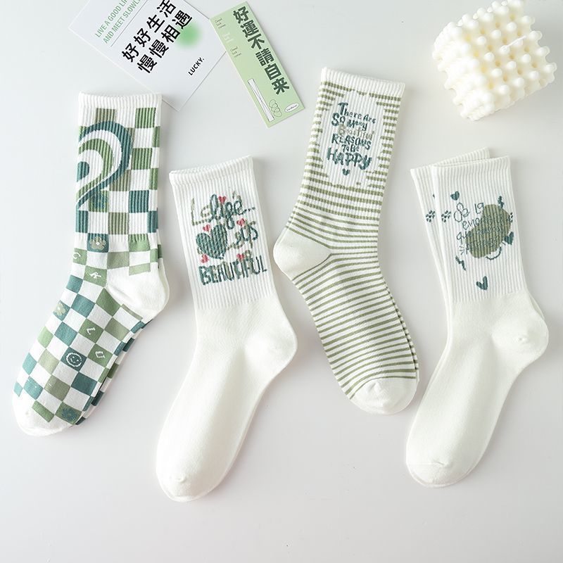 Ins Trendy Japanese Styles - Women's Long White and Green Sports Socks for Students