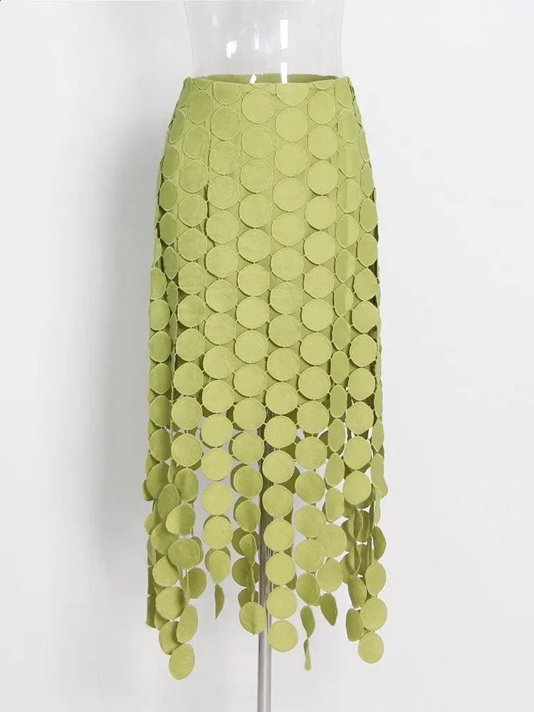 KBQ Dot Asymmetrical Solid Skirts For Women High Waist Slim A Line Tunic Irregular Split Spliced Tassel Skirt Female Fashion 240815