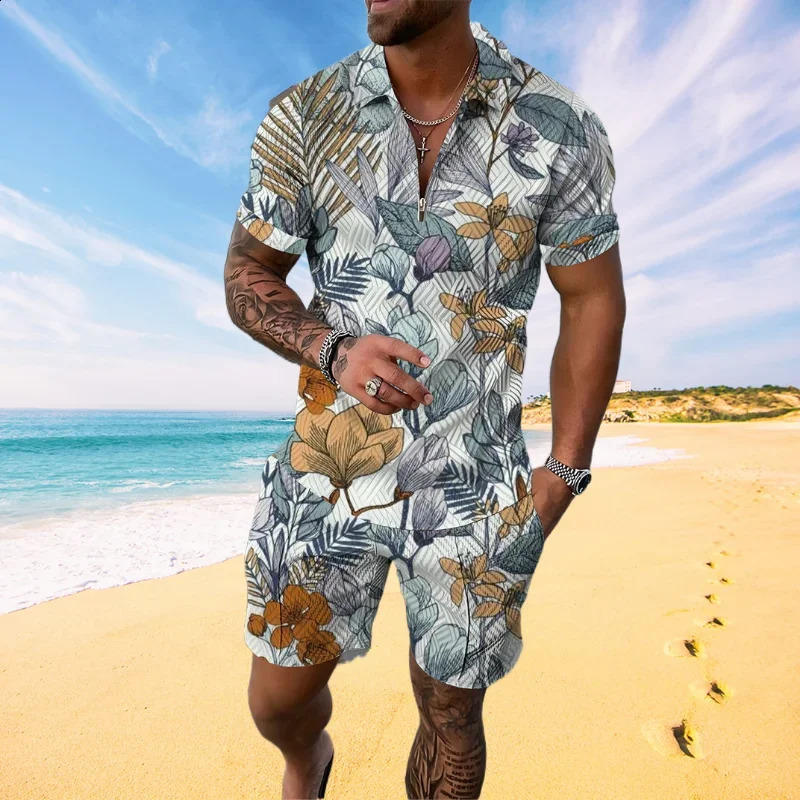 Summer Hawaiian mens track and field clothing 2-piece set 3D printed beach style Flora polo shirt and short sleeved mens polo shirt 240816