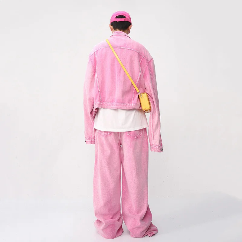NOYMEI Pink Two Pieces Set Fashionable Long Sleeve Pocket CoatStraight Wide Leg Casual Pants Men Denim Trendy Suit WA1595 240816