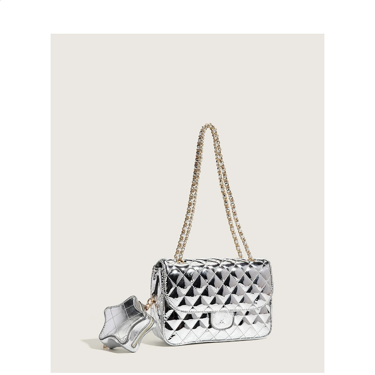 Mirror Handbags: Womens Metal Chain hot Shoulder Bag, Stylish Small Square Vanity Bag with Star Detail