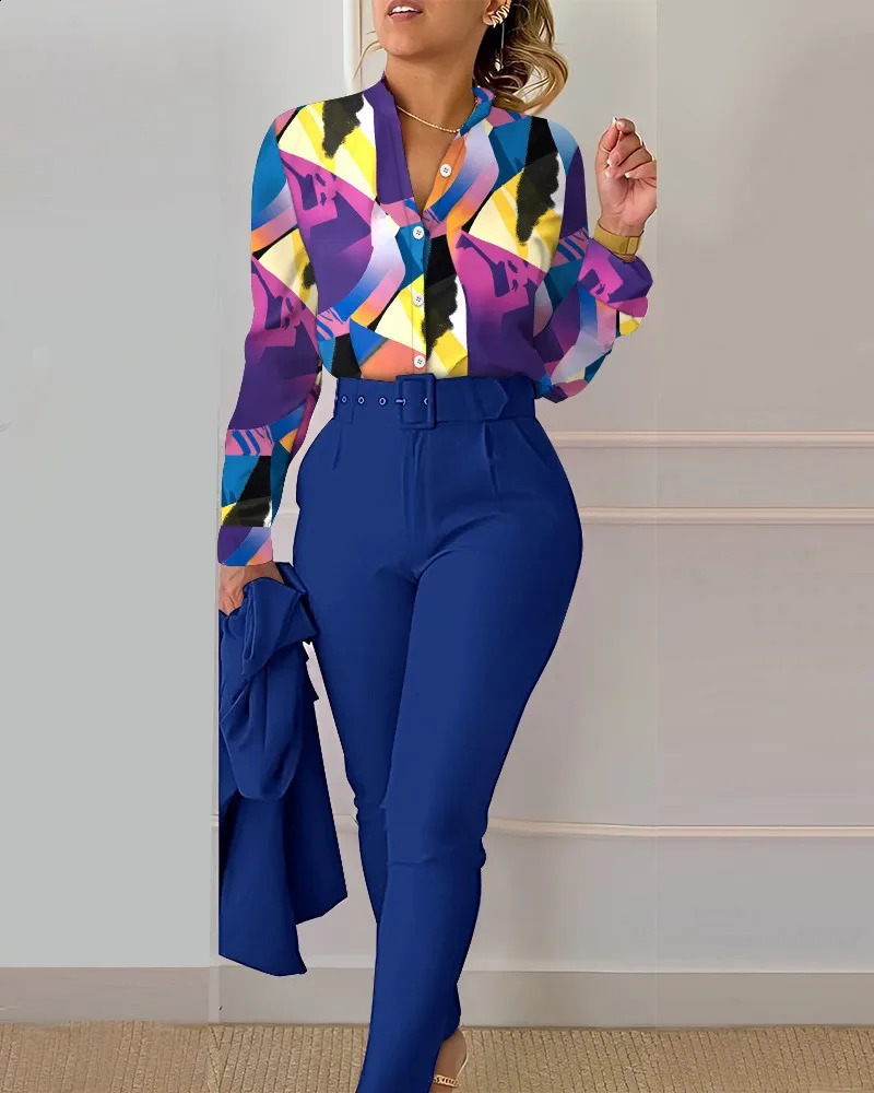 Elegant Fashion V Neck Floral Print Long Sleeve High Waist Two Piece Set Office Lady Casual Trousers Suit Shirt Pants 240816