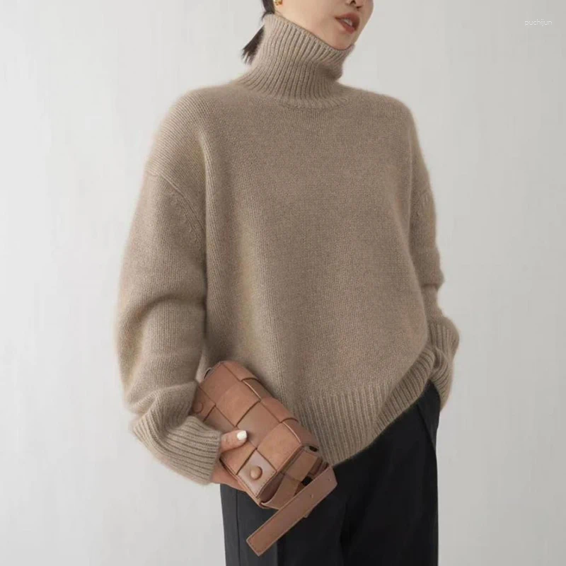 Women's Sweaters Cashmere Knitted Sweater For Women Elegant High Collar Turtle Neck Loose Thicken Warm Solid Color Knitwear Jumper