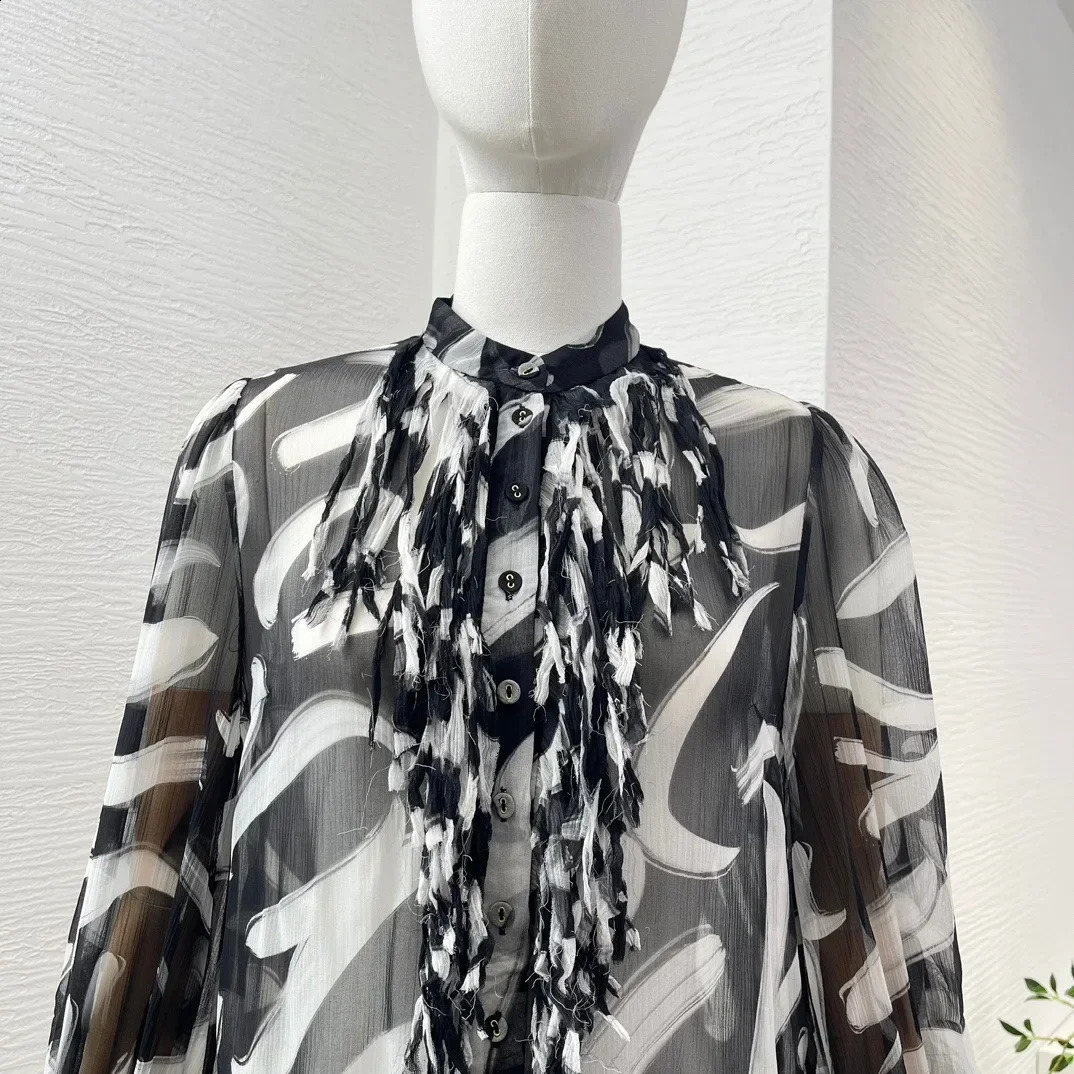 Pure silk highquality front button closed black and white handpainted long sleeved tassel womens shirt top 240814