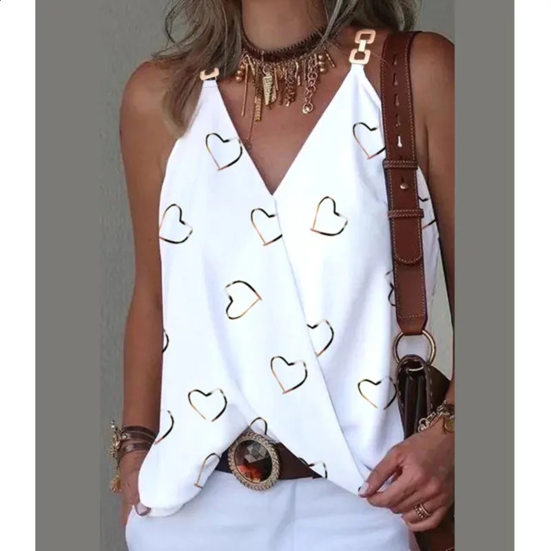 blusa mujer tendencia 2024 Women Vneck Sleeveless Tshirt And Metal Buckle Loose Top blusas para 240816