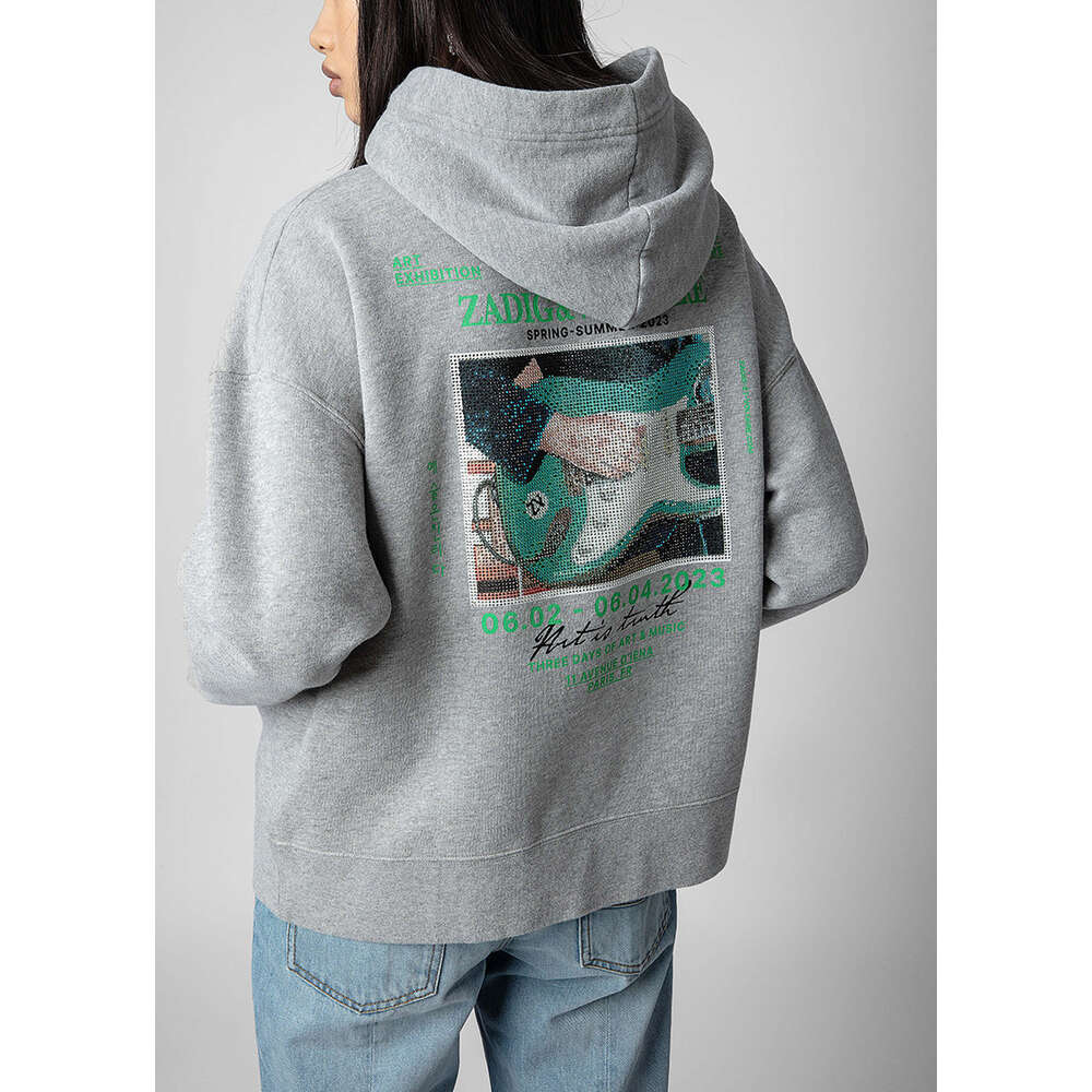 23 Early Autumn New French niche ZV guitar white ink digital printing hot diamond fleece women's hooded sweater dongdumaoyi