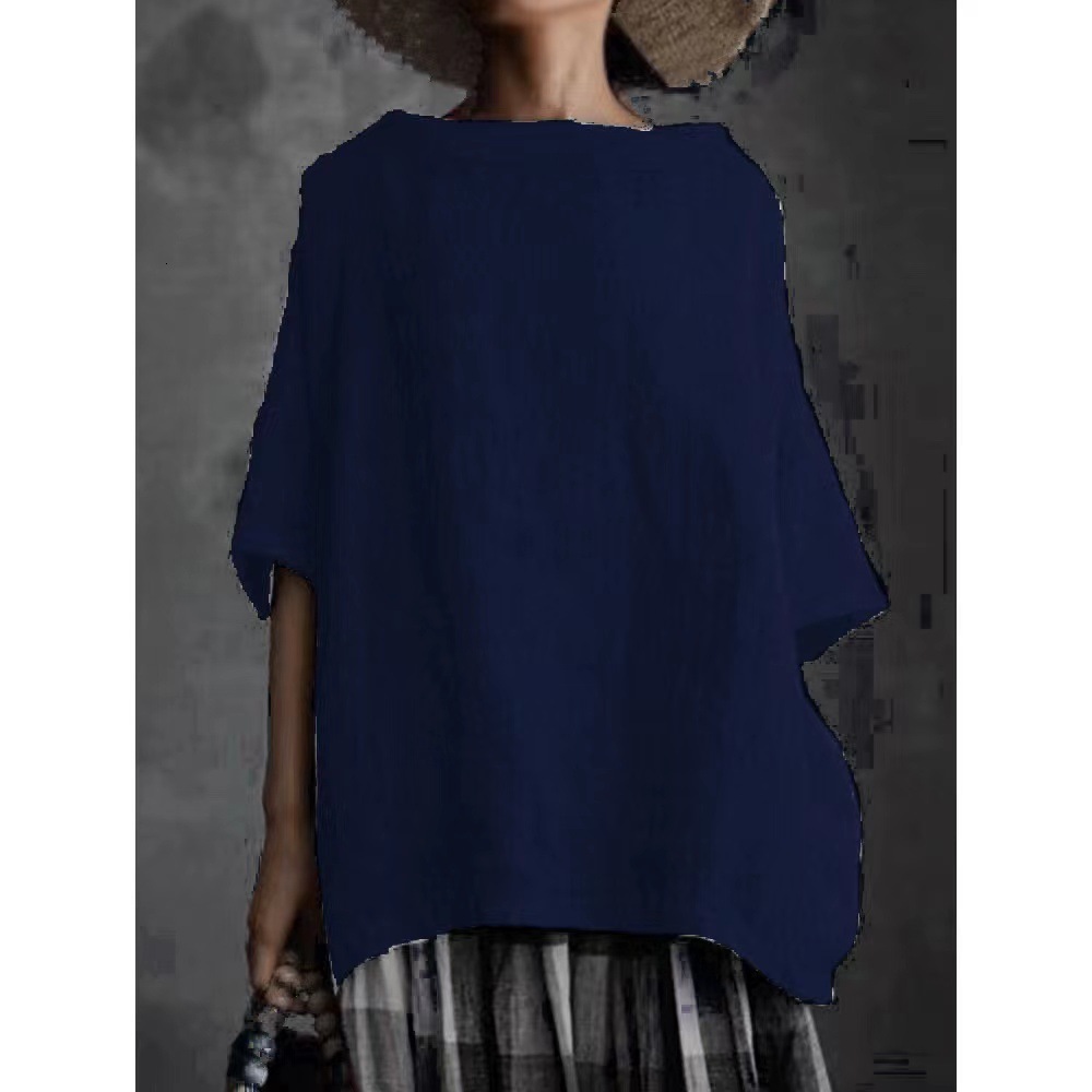 2021 Summer New Top Woven Round Neck Cotton Linen Style Solid Color Loose Women's T-shirt