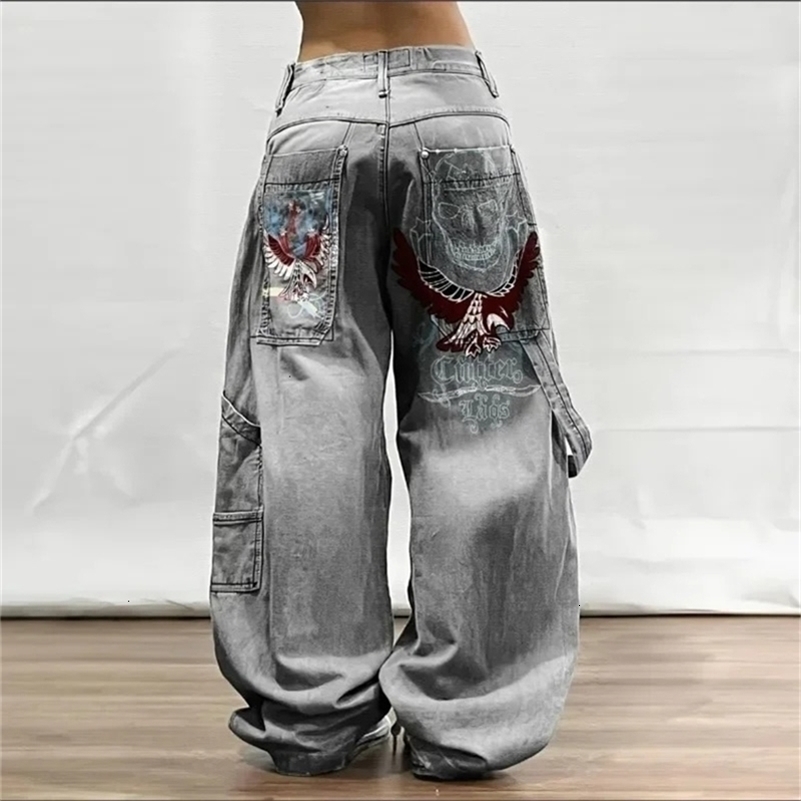 Retro Y2K fashion Eagle print baggy big pocket jeans womens Harajuku hip hop Gothic casual high-waisted jeans street wear 240815CJ