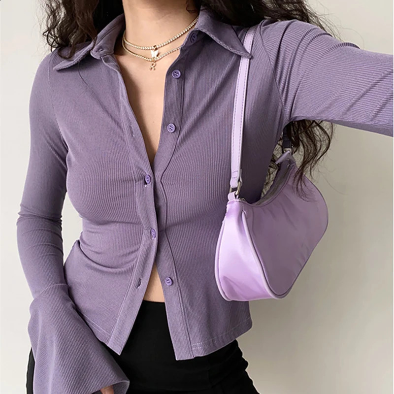 Blouses polo collar single breasted solid pullover five color womens slim fit long sleeved casual streetwear top 240814