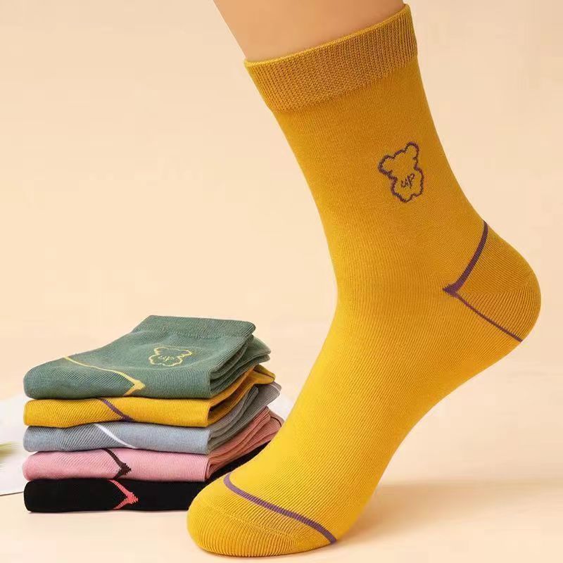 Wholesale pure cotton socks children's mid tube Korean version simple solid color teddy bear autumn and winter style ins versatile high-end anti 