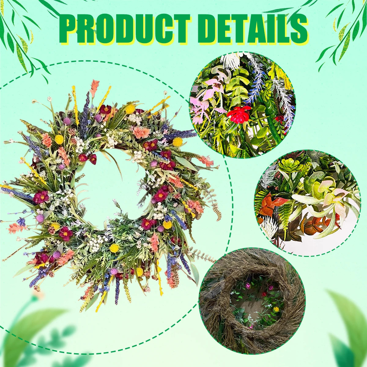 35/40/45/50cm Artificial Straw Wreath Wildflower Garland Spring Hanging Pendants Wedding Flower Gift Party Wedding Easter Decor 240815