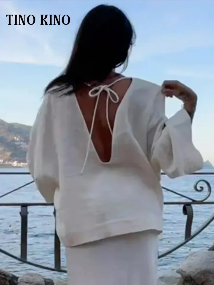 Casual lace backless womens shirt loose Vneck long sleeved pure cotton autumn item oversized vacation 240814