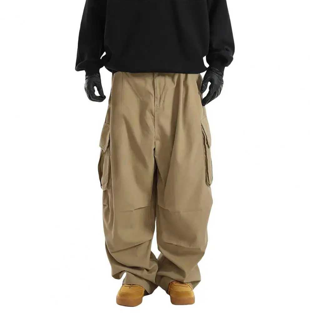 Solid Color Men Sweatpants Vintage Wide Leg Mens Cargo Pants with Multi Pockets Elastic Waist Hip Hop Streetwear Style OutdoorM240815