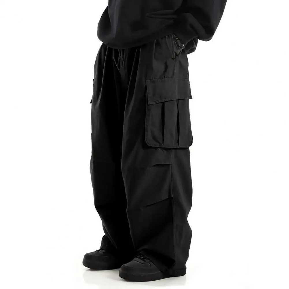 Solid Color Men Sweatpants Vintage Wide Leg Mens Cargo Pants with Multi Pockets Elastic Waist Hip Hop Streetwear Style OutdoorM240815